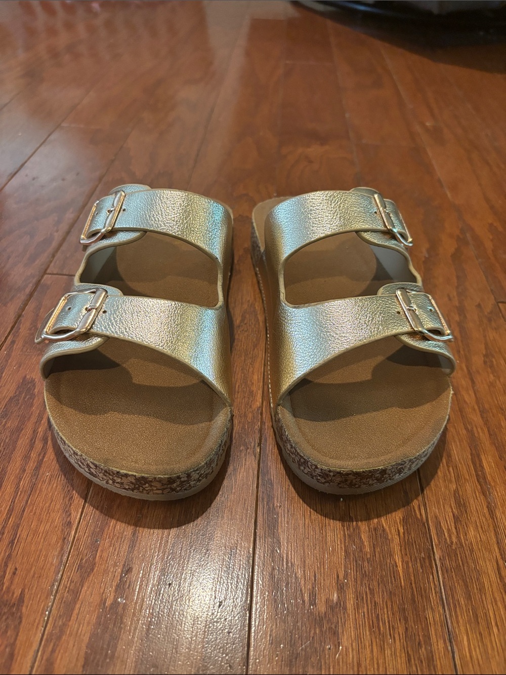 MIA Girls Metallic Gold Double-Strap Buckle Slide Sandals